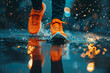 Vibrant Art: Feet Dash Through Puddles, Warm & Cold Backgrounds, Glowing Orange Sneakers on Dark Blue - Stock Image