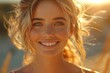 A close-up of a breathtaking woman's smile, highlighted by the golden glow of the sunset around her