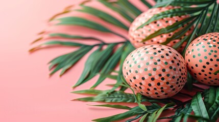 Poster - easter composition, three painted eggs on a palm leaf with green background, AI