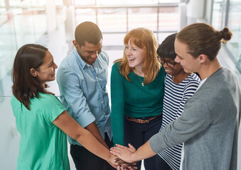 Canvas Print - Teamwork, startup or business people with hands in stack for mission goal, collaboration or community. Diversity, partnership or happy designers in meeting for support, solidarity or group motivation