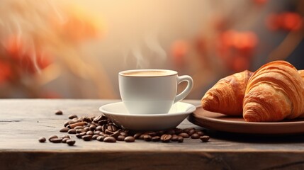 Wall Mural - Warm Morning Coffee and Fresh Croissants on Wooden Table