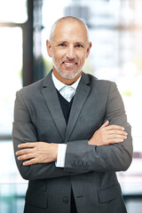 Canvas Print - Office, smile and portrait of mature man with arms crossed, pride and support in business opportunity. CEO, entrepreneur or happy businessman with confidence, project management and company boss.