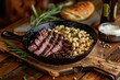 Juicy Grilled Steak and White Beans in Cast Iron Pan