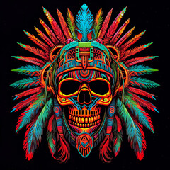 Wall Mural - A skull with a feather headdress and a red and blue background.