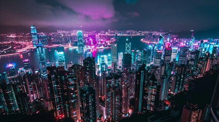 Wall Mural - A futuristic cityscape with neon signs advertising financial services  AI generated illustration