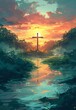 AI generated illustration of Beautiful river cascading from a cross with a vibrant sunset