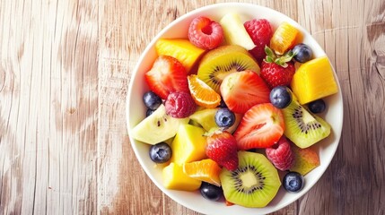 Wall Mural - Fresh and healthy fruit salad in a white bowl on a wooden surface