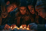 Fototapeta  - A group of diverse friends stands around a cake with lit candles. They are celebrating and possibly singing a birthday song or another type of celebratory tune