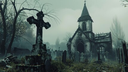 Wall Mural - A spooky graveyard with a dilapidated chapel  AI generated illustration