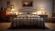 Realistic depiction of an inviting bedroom featuring a classic iron bed frame, captured with precision.