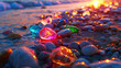 sunset glow on colorful sea glass pebbles on the beach with shimmering ocean backdrop