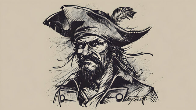Design a minimalist line drawing of a fictional pirate, capturing his rugged and adventurous spirit with coarse lines and minimalistic detail