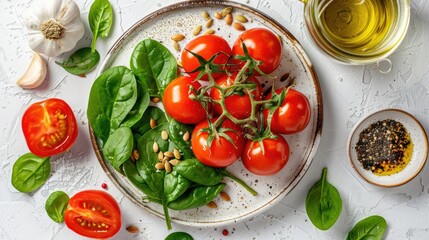 Sticker - Plate with tomatoes spinach oil pumpkin seed garlic and pepper on white surface viewed from above