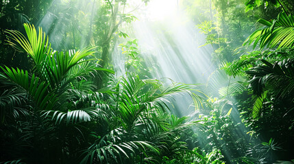 Wall Mural - A lush, tropical jungle with a bright sun shining through the trees.