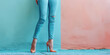 Female legs in trendy jeans on colored background with copy space. Denim clothing store banner template.