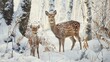 Sika deer female and young in snowy woodland
