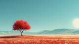 Fototapeta Natura - A single red tree against a background of blue sky and sand dunes.