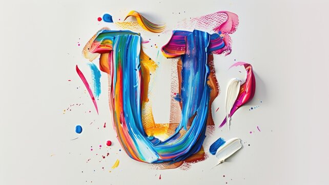 Bright and educational letter U, poster for children, each letter distinctively painted with colorful, playful brushstrokes on a simple background, ideal for a nursery or playroom