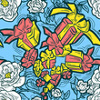 © Berolina - Gift box, ribbon and flowers seamless pattern for wrapping present with bow, party celebration, sale promotion, Textile print, fabric design, banner background. Hand drawn illustration cartoon style.