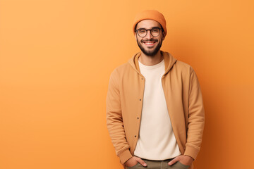 Wall Mural - A stylish young man with a friendly smile, wearing a beanie and glasses, stands hands-in-pockets against a monochromatic orange backdrop.