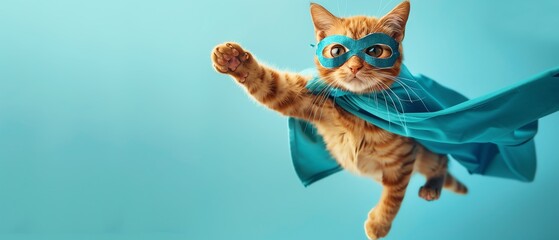 A playful ginger cat dressed as a superhero soars in a sky-blue backdrop