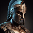 Spartan warrior in armor with shield, antique Greek military soldier. Illustration of an antique spartan warrior in armor with a spear in the forest, an ancient soldier in a helmet.