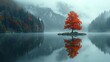 Autumn tree in the lake is reflected with mountains