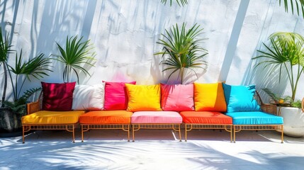 Poster - Vibrant beach seating against a white wall backdrop outdoors