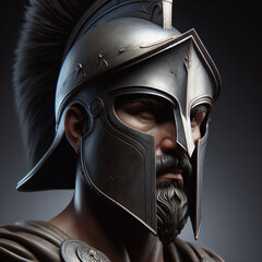 Spartan warrior in armor with shield, antique Greek military soldier. Illustration of an antique spartan warrior in armor with a spear in the forest, an ancient soldier in a helmet.