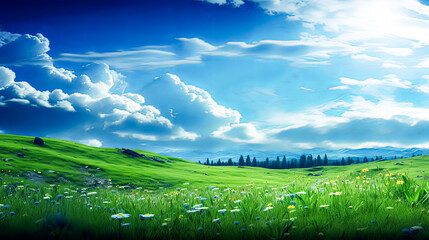 Wall Mural - A large field of grass with a few trees in the background