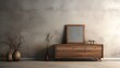 The interplay of light and shadow enhancing the allure of a wooden dresser against a textured concrete backdrop, with an empty blank mock-up poster frame adding a touch of contemporary flair to the ru