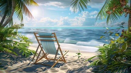 Wall Mural - 3D rendering, beach chairs on sandy beach with blue sky and sea background