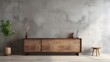 A symphony of natural and industrial elements, as a sturdy wooden cabinet complements a rugged concrete wall, with an empty blank mock-up poster frame providing a focal point in the modern rustic inte
