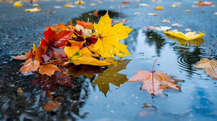 A cluster of autumn leaves in a puddle reflecting the cloudy sky, selective focus to emphasize the leaves against a soft reflection