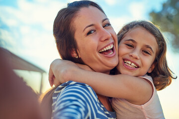 Sticker - Mother, child and portrait selfie or outdoor together with smile for online post, social media or embrace. Woman, daughter and face with hug for internet update or traveling, connection or happiness