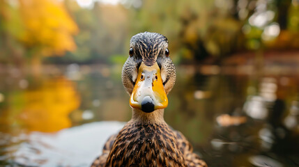 Wall Mural - A charming image featuring a curious duck gazing directly at the camera with bright, beady eyes, set against the serene backdrop of a tranquil pond.