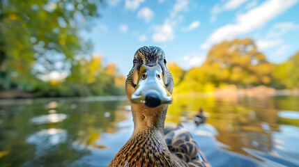 Wall Mural - A charming image featuring a curious duck gazing directly at the camera with bright, beady eyes, set against the serene backdrop of a tranquil pond.