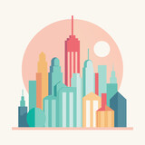 Fototapeta Perspektywa 3d - City skyline featuring multiple buildings with the sun in the background, creating a striking contrast, Abstract city skyline in pastel colors, minimalist simple modern vector logo design