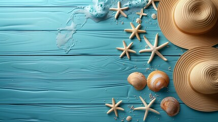 Wall Mural - Summer vacation banner, hat, sea shells and sea water around blue wooden copy space, flat lay, top view