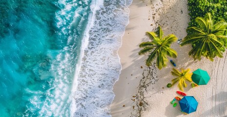 Wall Mural - Beautiful beach with palm trees and blue water, aerial view The white sandy shore is seen from above, with waves crashing onto the sand Generative AI
