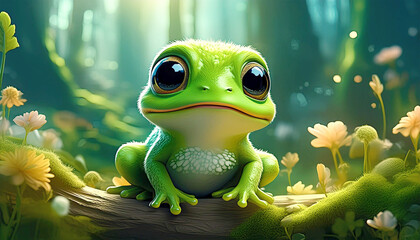 Wall Mural - Cute little green baby frog 3d, illustration. 