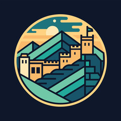 Poster - A mountain landscape featuring a prominent castle in the center, A geometric interpretation of the Great Wall of China, minimalist simple modern vector logo design