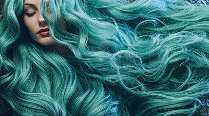Wall Mural - A woman with long blue hair is posing for a photo.