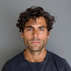 Portrait of a male millennial with black hair, brown eyes, and a shirt with the first button unbuttoned, standing in front of a grey wall