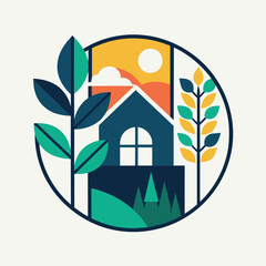 Sticker - A house standing among trees as the sun sets in the background, A minimalist graphic symbolizing the harmony between indoor and outdoor spaces