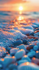 Poster - A close up of a sunset over the ocean with pebbles, AI