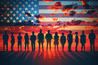 American people, US election. Silhouettes of diverse American citizens in front of an American Flag