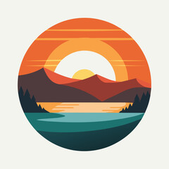 Sticker - The sun is setting over a lake with mountains in the background, A peaceful sunset over a tranquil lake, minimalist simple modern vector logo design