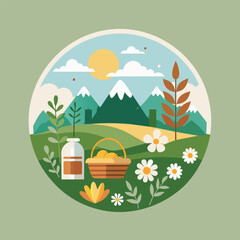 Wall Mural - A green background featuring a basket filled with flowers in a field, A peaceful scene of a picnic in a meadow with wildflowers