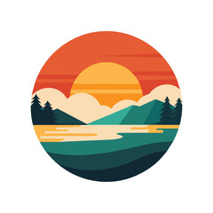 Poster - The sun is setting behind mountains, casting a warm glow on the tranquil lake below, A peaceful sunset over a tranquil lake, minimalist simple modern vector logo design